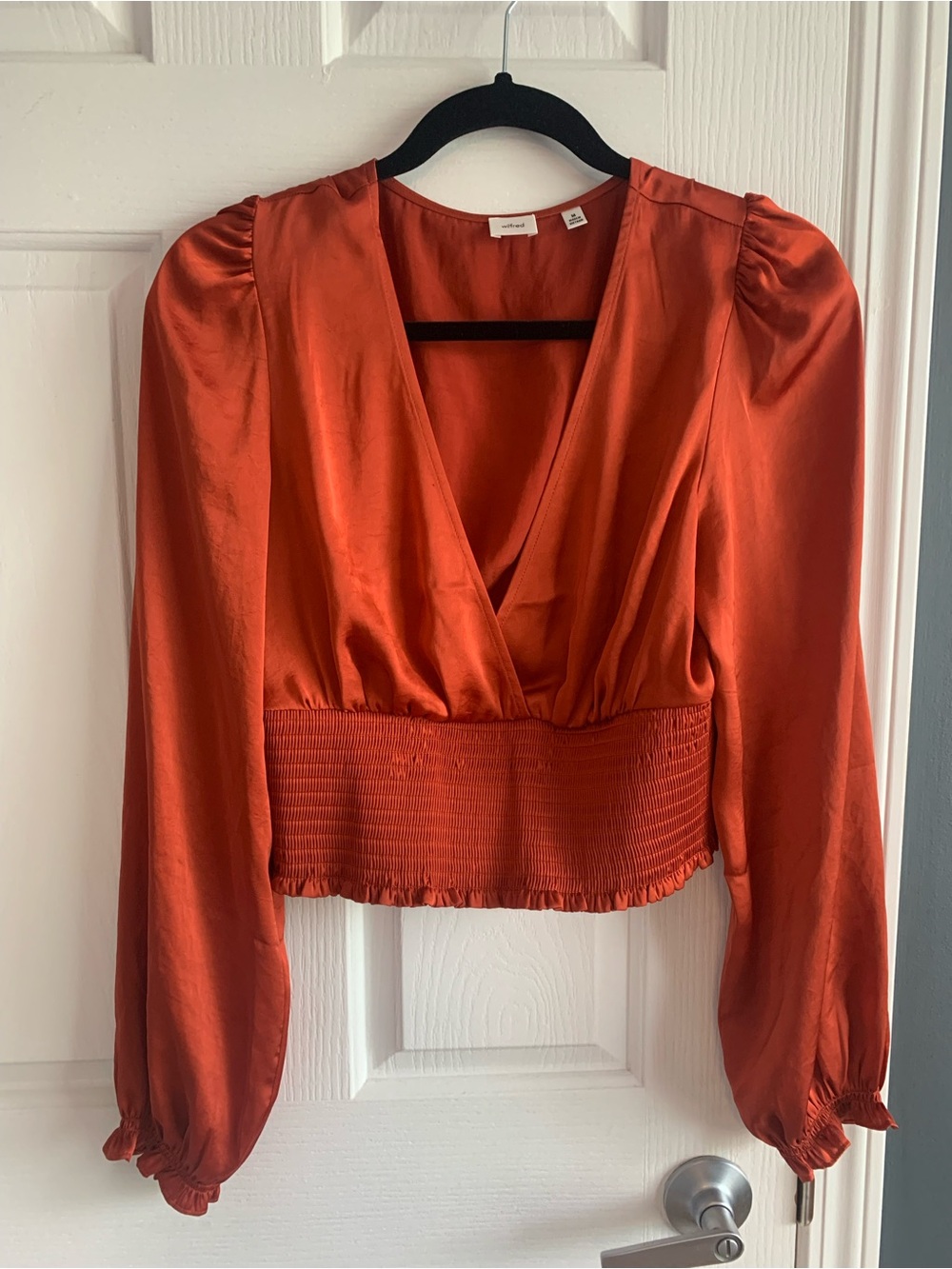 Wilfred Rust Satin V-Neck Smocked-Waist Blouse